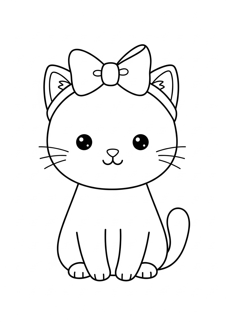 Kawaii cat with bow coloring page for preschoolers